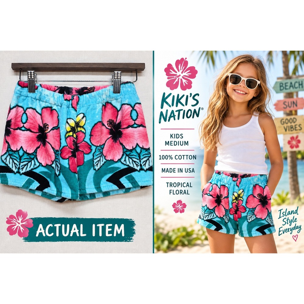 KiKi's Nation Tropical Floral Hibiscus Terry Cloth Towel Kids Shorts Sz Medium‎
